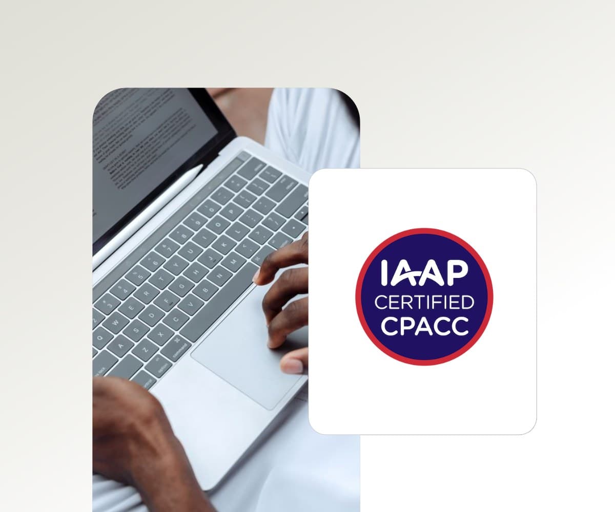 Certified auditor working on a laptop with an IAAP CPACC certification badge